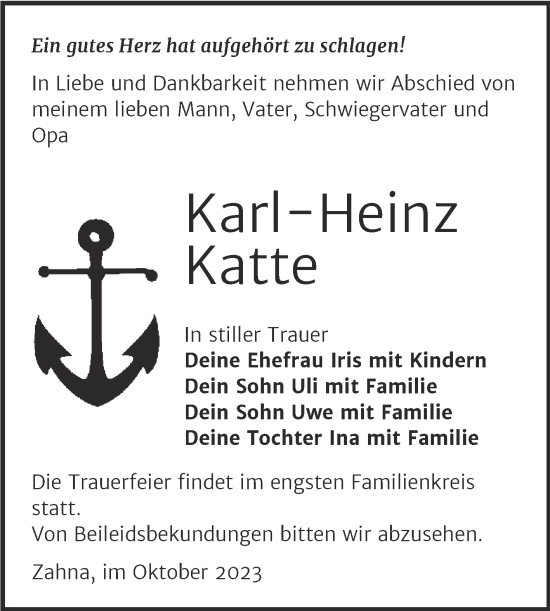 Traueranzeige von Karl-Heinz Katte von Trauerkombi Wittenberg