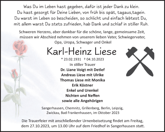 Traueranzeige von Karl-Heinz Liese von Trauerkombi Sangerhausen