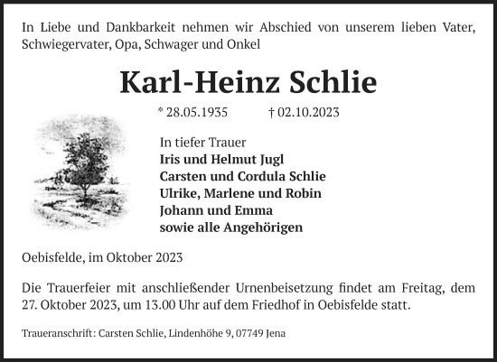 Traueranzeige von Karl-Heinz Schlie von Volksstimme Altmark West
