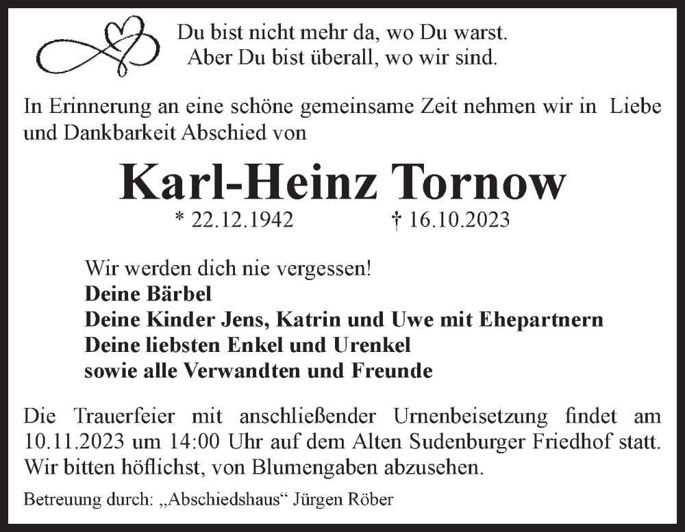  Traueranzeige für Karl-Heinz Tornow vom 28.10.2023 aus Volksstimme Magdeburg