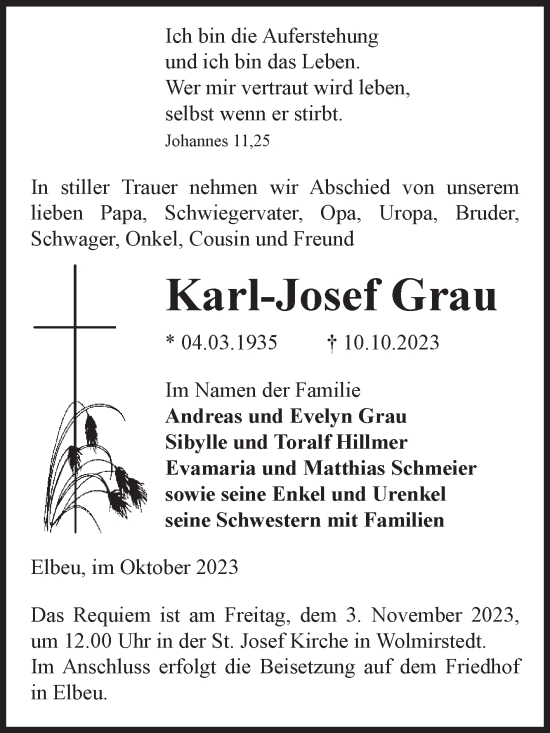 Traueranzeige von Karl-Josef Grau von Volksstimme Haldensleben/Wolmirstedt