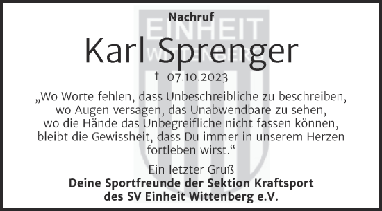 Traueranzeige von Karl Sprenger von Super Sonntag Wittenberg