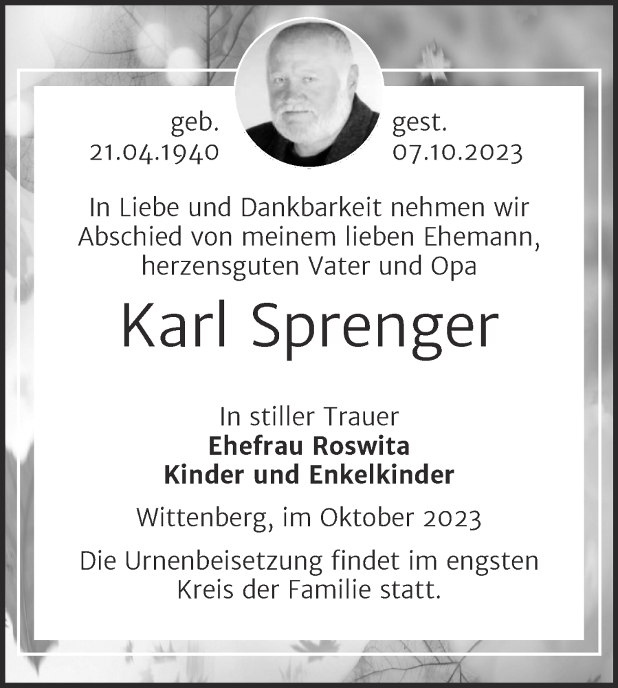  Traueranzeige für Karl Sprenger vom 21.10.2023 aus Trauerkombi Wittenberg