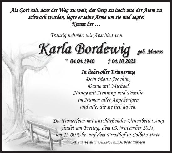 Traueranzeige von Karla Bordewig von Volksstimme Haldensleben/Wolmirstedt