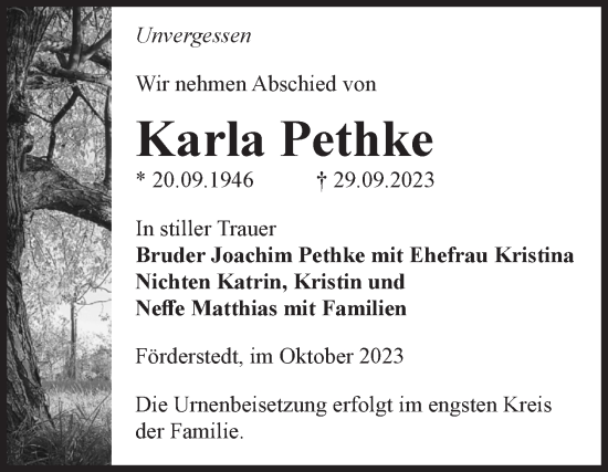 Traueranzeige von Karla Pethke von Volksstimme Staßfurt