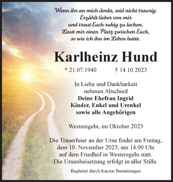 Traueranzeige von Karlheinz Hund von Volksstimme Staßfurt