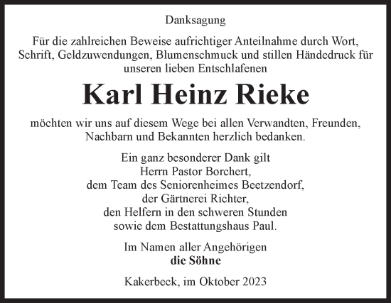 Traueranzeige von Karl Heinz Rieke von Volksstimme Altmark West