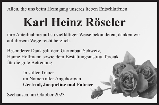 Traueranzeige von Karl Heinz Röseler von Volksstimme Oschersleben/Wanzleben