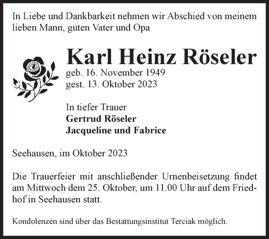 Traueranzeige von Karl Heinz Röseler von Volksstimme Oschersleben/Wanzleben