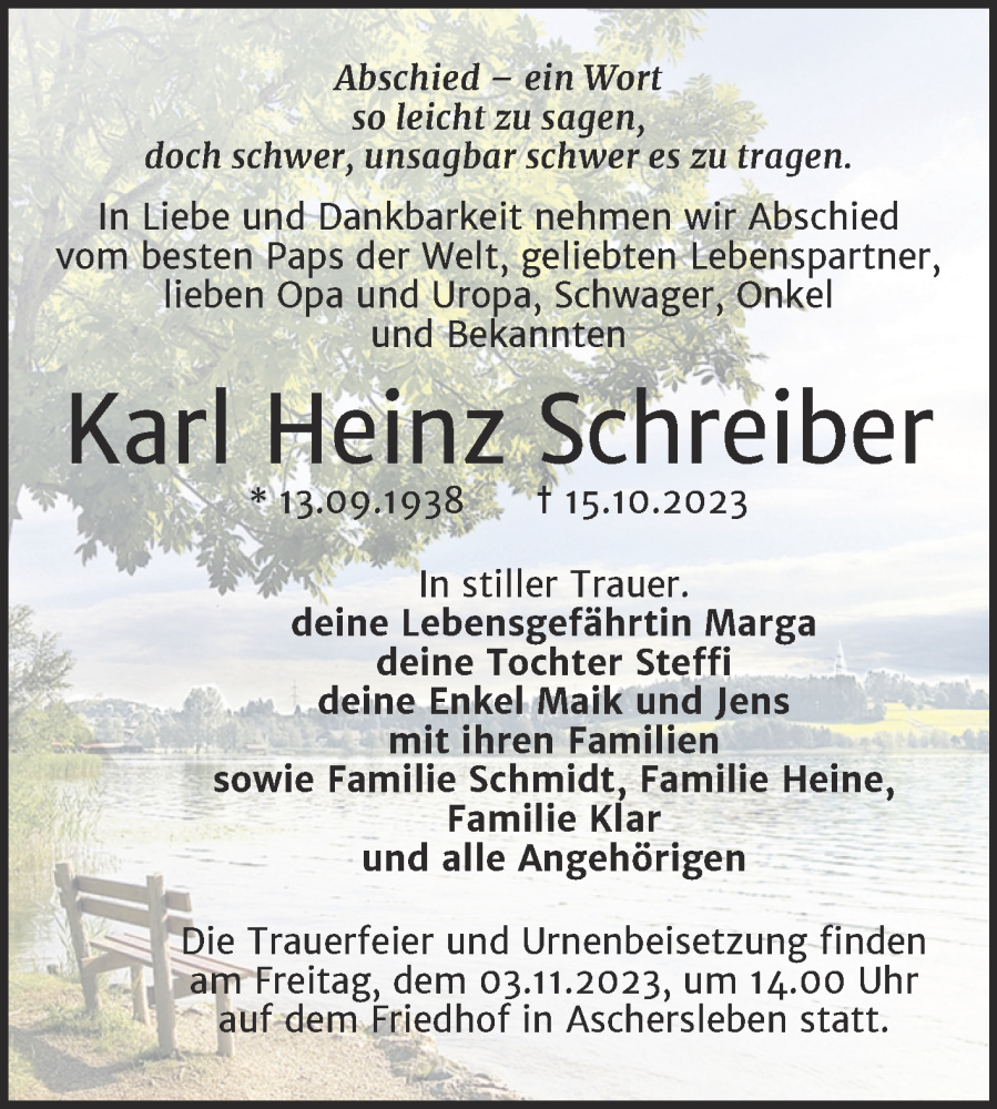  Traueranzeige für Karl Heinz Schreiber vom 21.10.2023 aus Trauerkombi Aschersleben