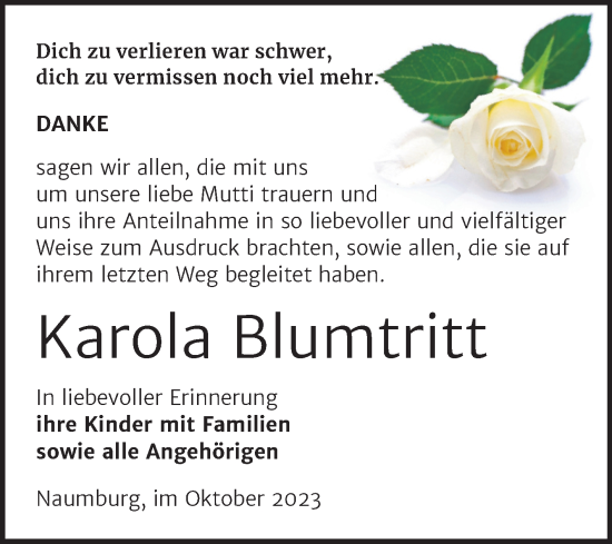 Traueranzeige von Karola Blumtritt von Wochenspiegel Naumburg/Nebra