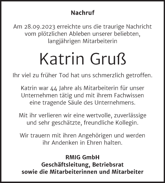 Traueranzeige von Katrin Gruß von SuperSonntag Bitterfeld