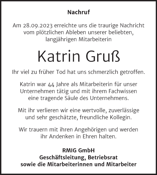 Traueranzeige von Katrin Gruß von Wochenspiegel Bitterfeld