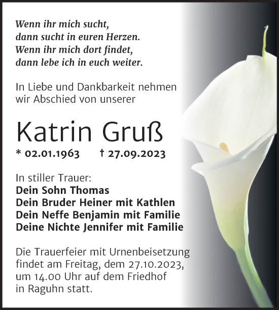 Traueranzeige von Katrin Gruß von Trauerkombi Bitterfeld