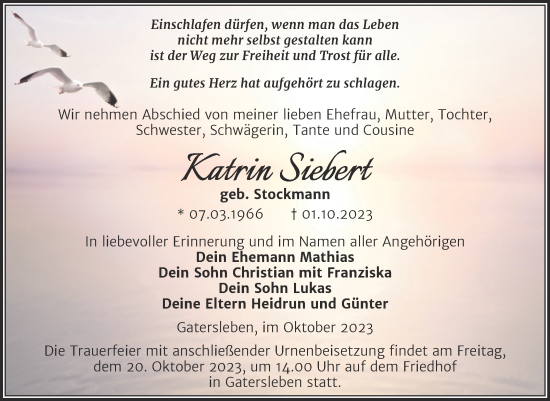 Traueranzeige von Katrin Siebert von Trauerkombi Aschersleben