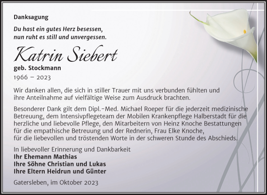 Traueranzeige von Katrin Siebert von Trauerkombi Aschersleben
