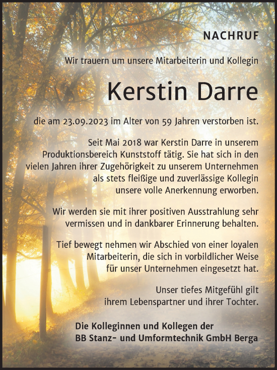 Traueranzeige von Kerstin Darre von Super Sonntag Sangerhausen