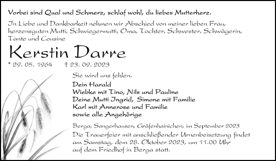 Traueranzeige von Kerstin Darre von Trauerkombi Sangerhausen