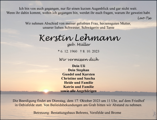 Traueranzeige von Kerstin Lehmann von Volksstimme Altmark West