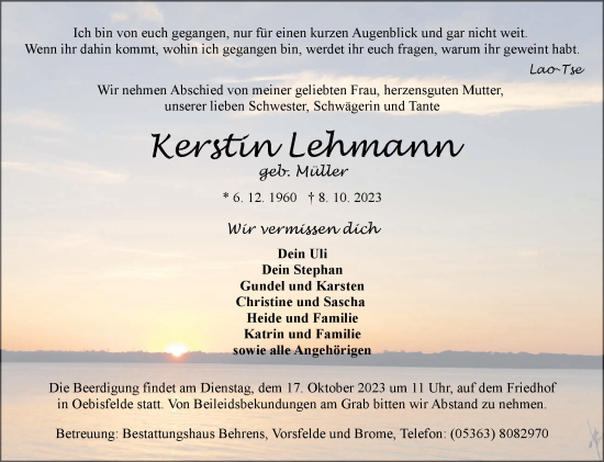Traueranzeige von Kerstin Lehmann von Volksstimme Haldensleben/Wolmirstedt