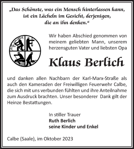 Traueranzeige von Klaus Berlich von Volksstimme Schönebeck