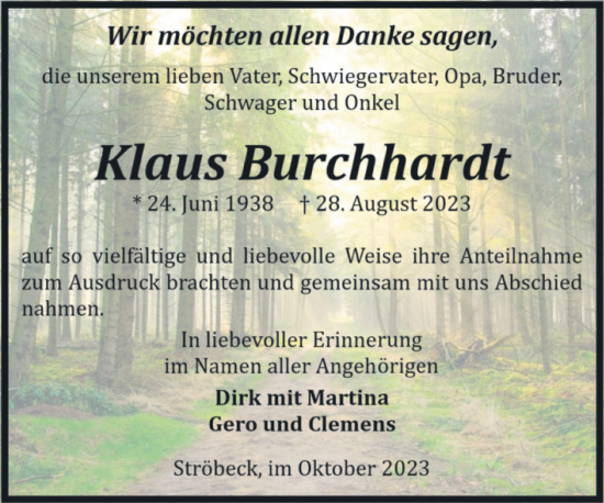 Traueranzeige von Klaus Burchhardt von Volksstimme Halberstadt