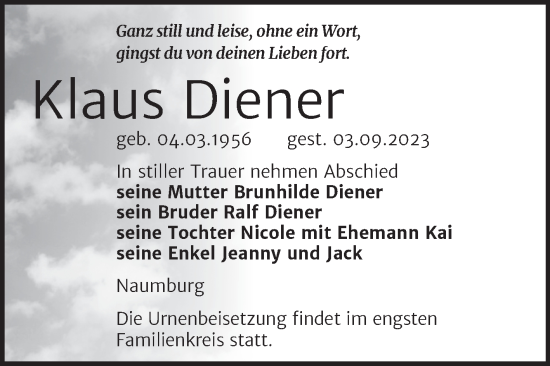 Traueranzeige von Klaus Diener von Wochenspiegel Naumburg/Nebra