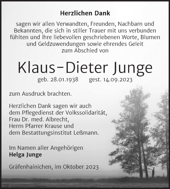 Traueranzeige von Klaus-Dieter Junge von Trauerkombi Wittenberg