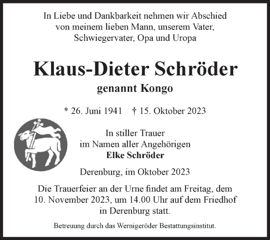 Traueranzeige von Klaus-Dieter Schröder von Volksstimme Wernigerode