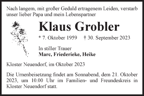 Traueranzeige von Klaus Grobler von Volksstimme Altmark West