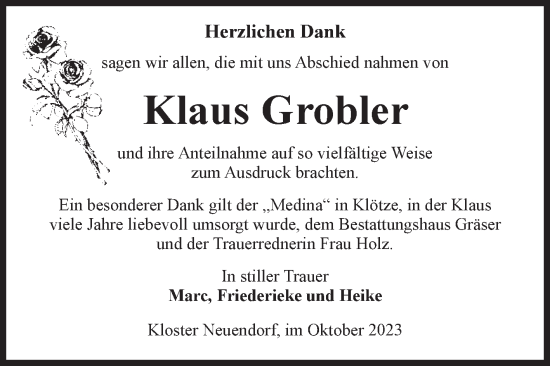 Traueranzeige von Klaus Grobler von Volksstimme Altmark West