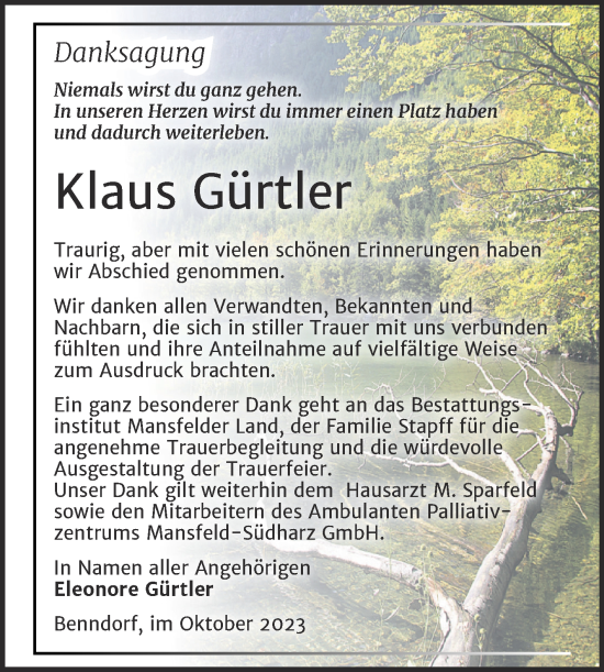 Traueranzeige von Klaus Gürtler von Trauerkombi Mansfelder Land