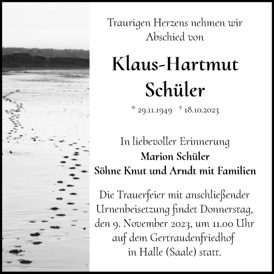 Traueranzeige von Klaus-Hartmut Schüler von Mitteldeutsche Zeitung Halle/Saalkreis