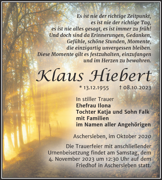 Traueranzeige von Klaus Hiebert von Trauerkombi Aschersleben