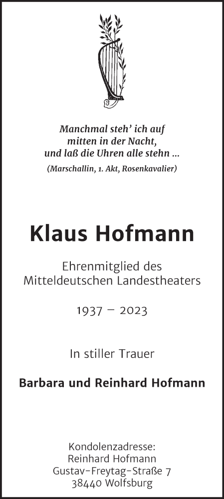 Traueranzeige von Klaus Hofmann von Trauerkombi Dessau