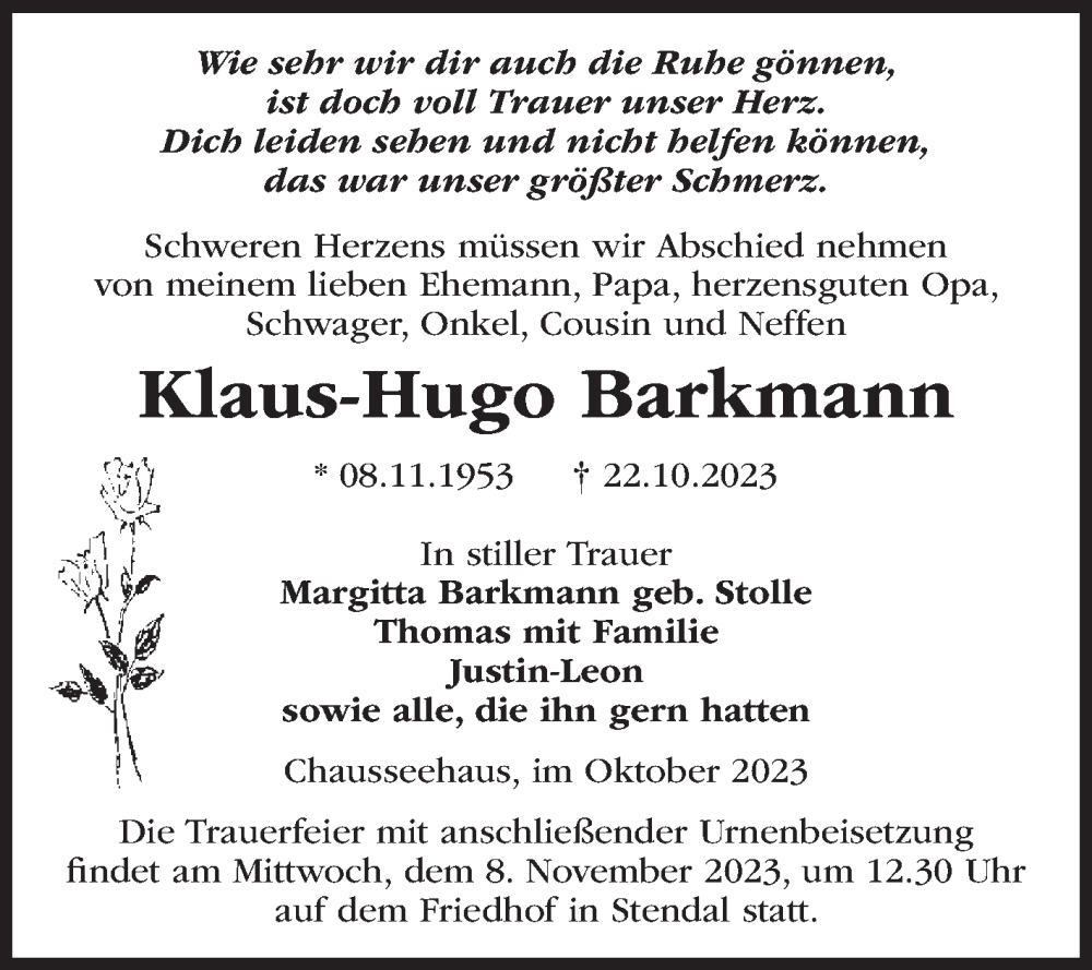  Traueranzeige für Klaus-Hugo Barkmann vom 28.10.2023 aus Volksstimme Altmark Ost