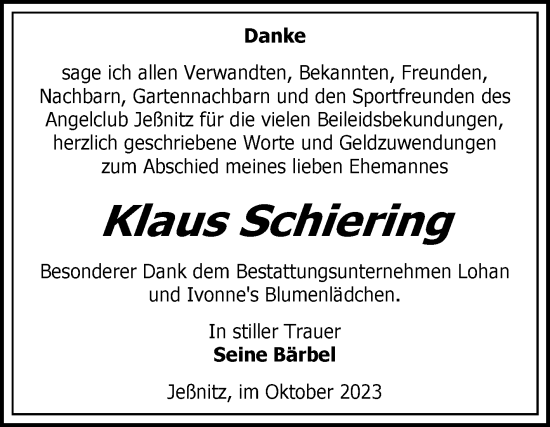 Traueranzeige von Klaus Schiering von Trauerkombi Bitterfeld