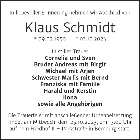 Traueranzeige von Klaus Schmidt von Trauerkombi Bernburg