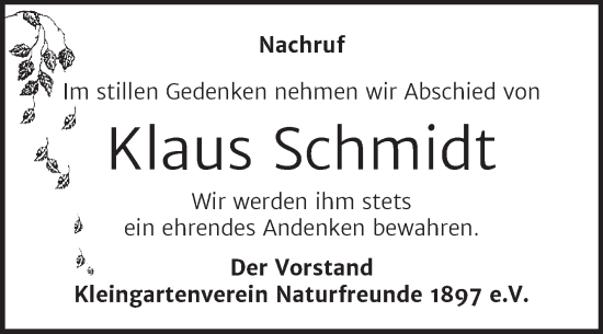 Traueranzeige von Klaus Schmidt von Super Sonntag Bernburg
