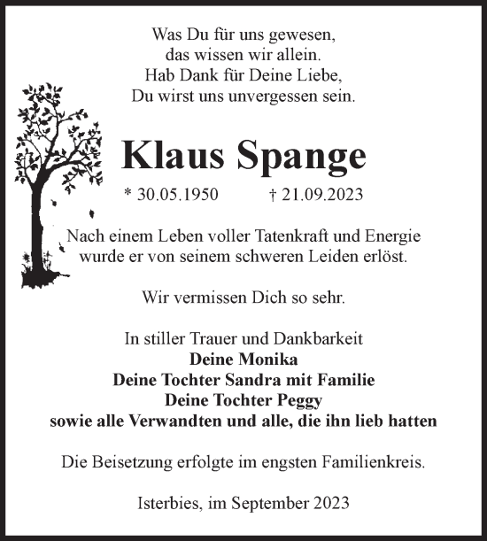 Traueranzeige von Klaus Spange von Volksstimme Zerbst