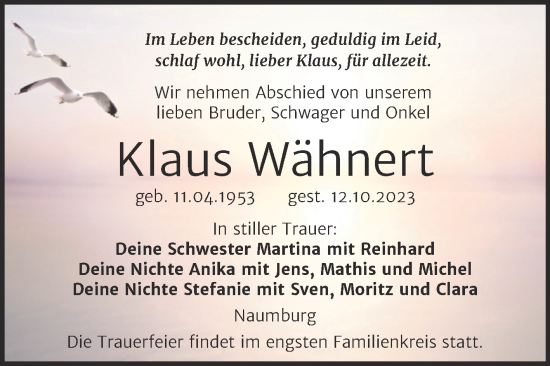 Traueranzeige von Klaus Wähnert von Naumburger Tageblatt