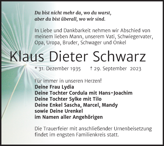 Traueranzeige von Klaus Dieter Schwarz von Trauerkombi Bitterfeld