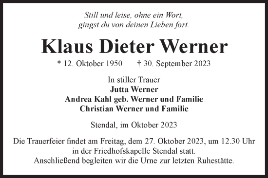 Traueranzeige von Klaus Dieter Werner von Volksstimme Altmark Ost