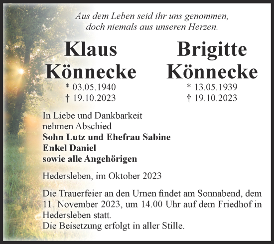 Traueranzeige von Klaus und Brigitte Könnecke von Trauerkombi Quedlinburg