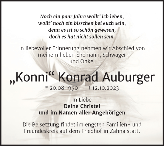 Traueranzeige von Konrad Auburger von Trauerkombi Wittenberg