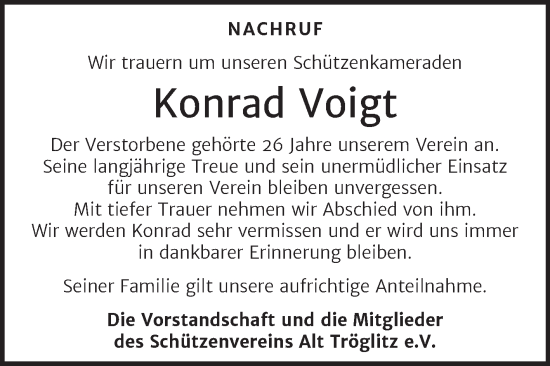 Traueranzeige von Konrad Voigt von Super Sonntag Zeitz