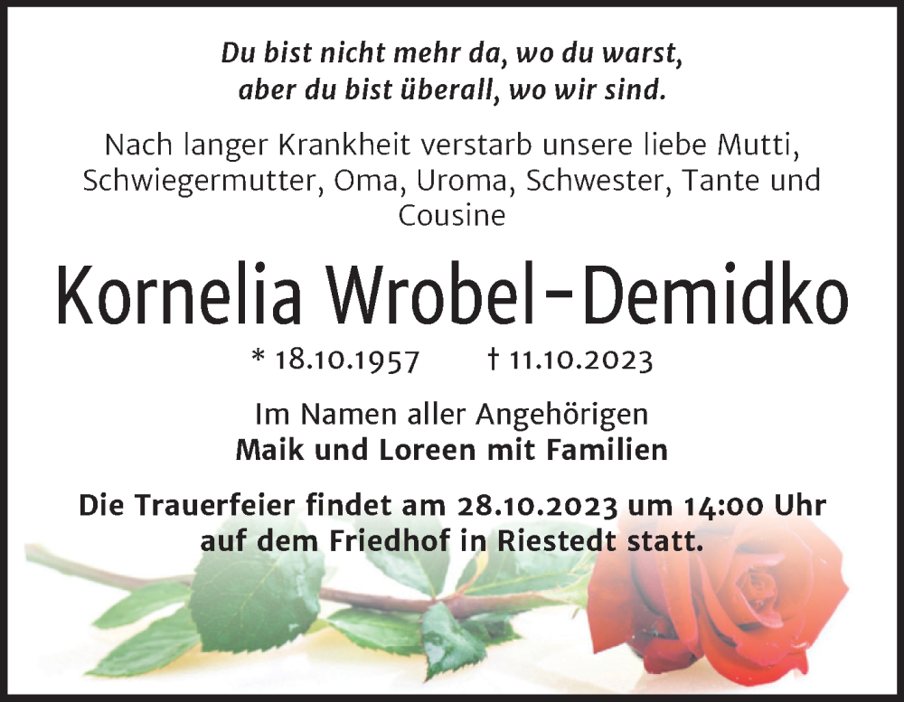  Traueranzeige für Kornelia Wrobel-Demidko vom 18.10.2023 aus Trauerkombi Sangerhausen