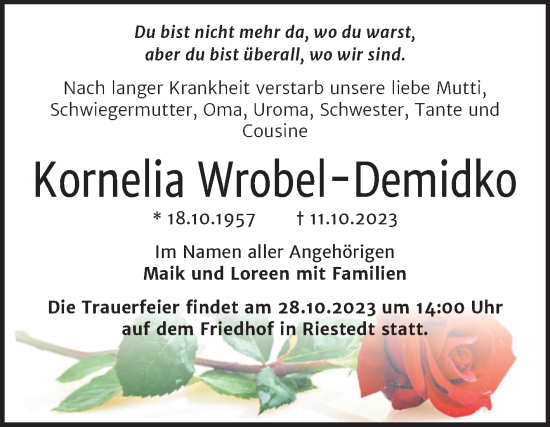 Traueranzeige von Kornelia Wrobel-Demidko von Trauerkombi Sangerhausen