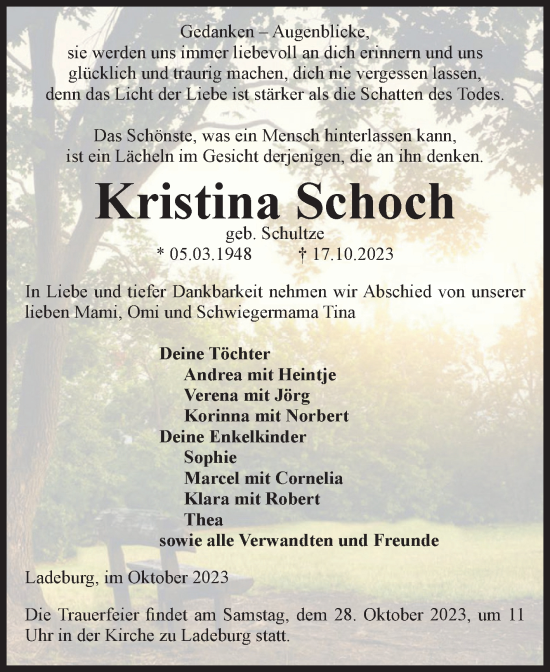 Traueranzeige von Kristina Schoch von Volksstimme Burg/Genthin