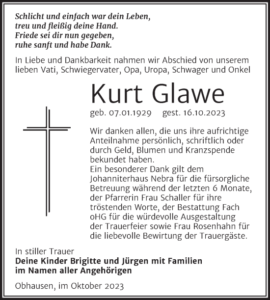 Traueranzeige von Kurt Glawe von Trauerkombi Merseburg
